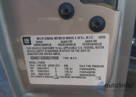 2005 Chevrolet Avalanche 1500 Z66 z USA, uszkodzony, nr VIN 3GNEC12Z65G215990